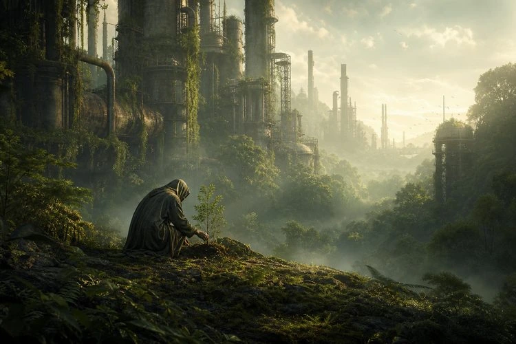 A lone figure tending a plant in a city reclaimed by nature