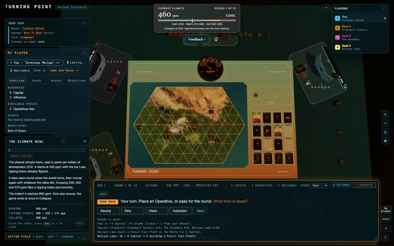 Vested Interests development screenshot showing the digital table and player controls